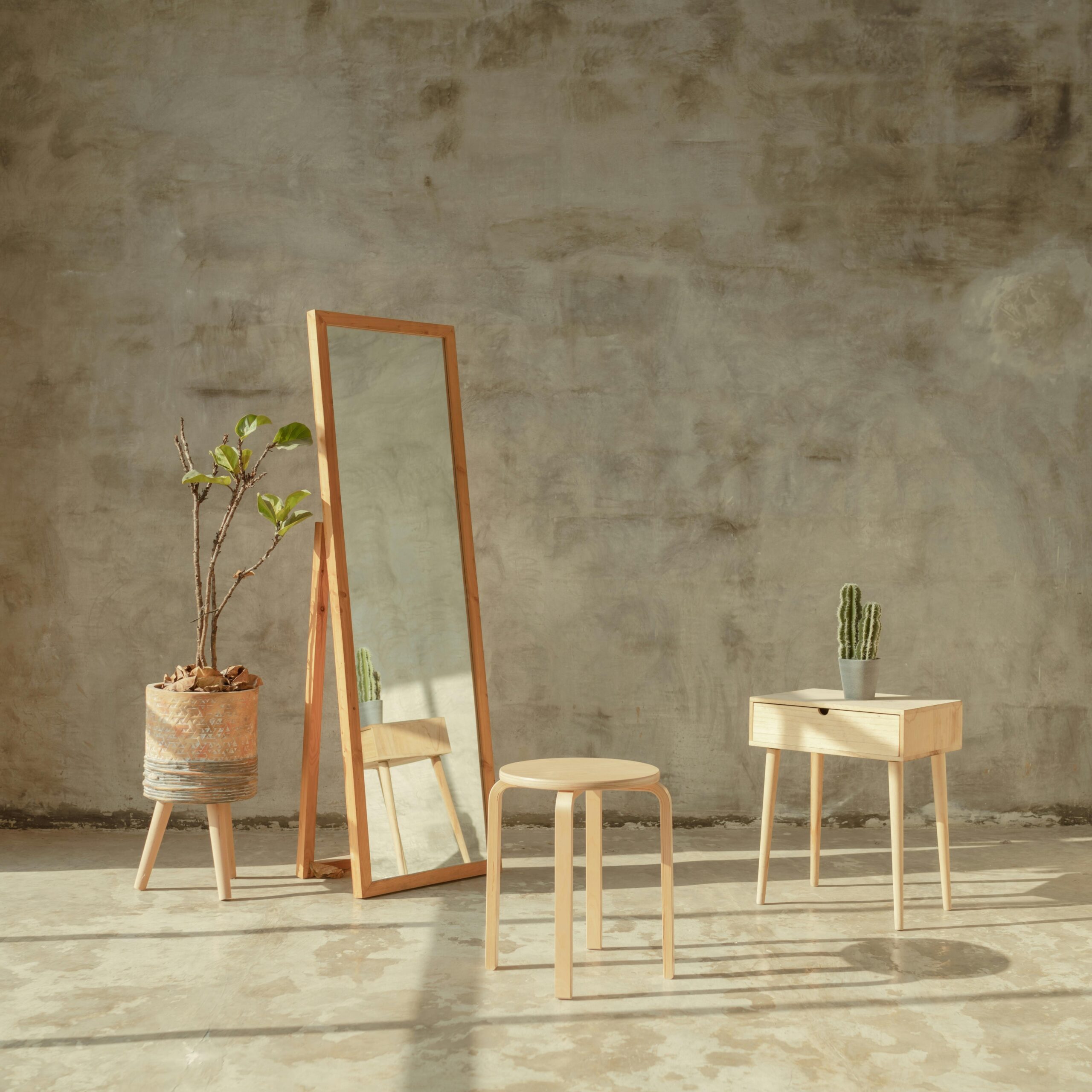 Minimalist room with Scandinavian design featuring wooden furniture and plants.